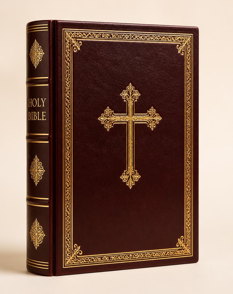 Capa da Bíblia Sagrada encadernada em couro com detalhes dourados